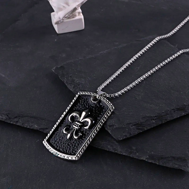 Silver Tone Black Rectangle Dog Tag Pendant Necklace, Box Chain, Fleur-de-Lis