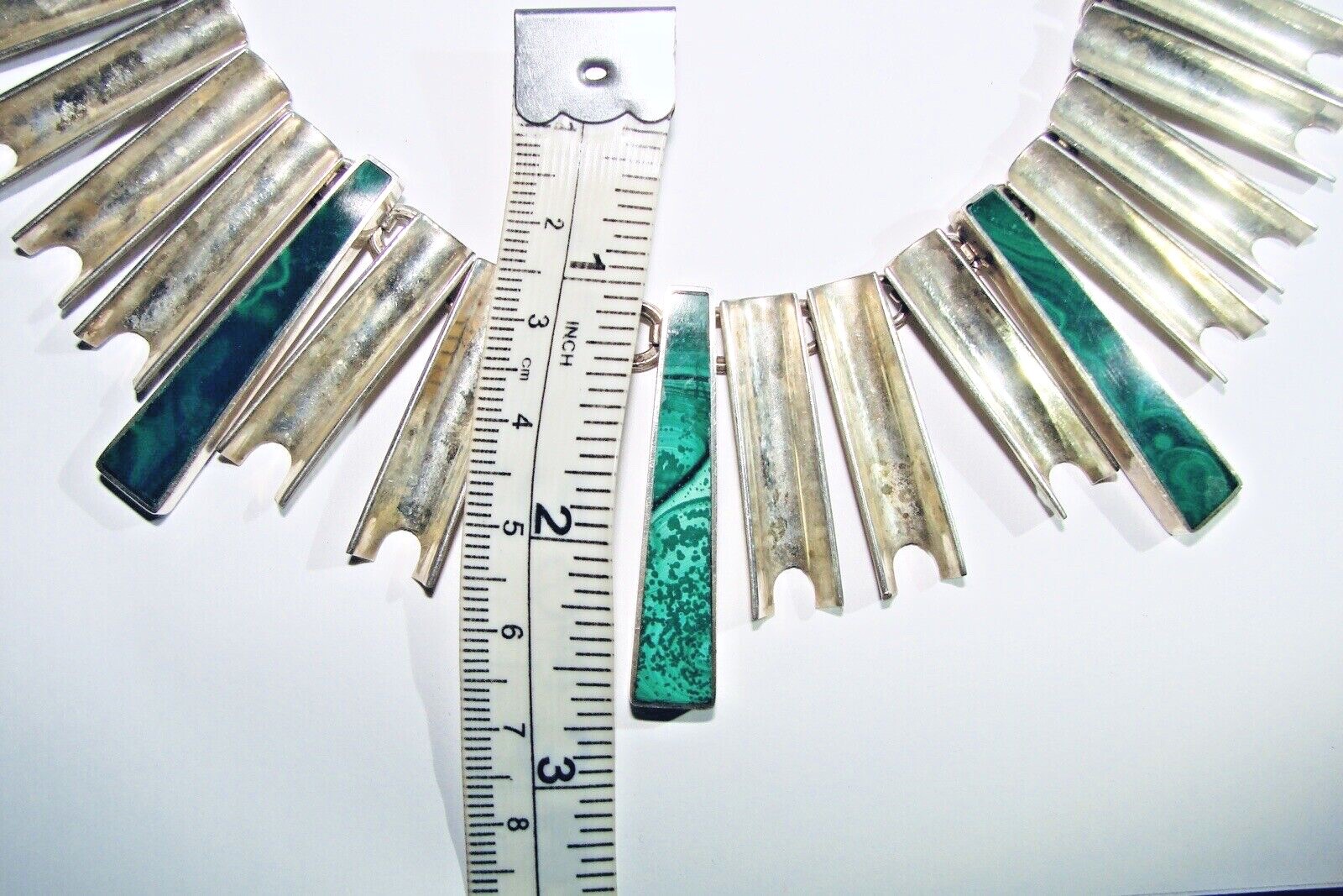 STERLING SILVER MALACHITE ANTONIO PINEDA INSPIRED TILE ROOF MODERNIST NECKLACE
