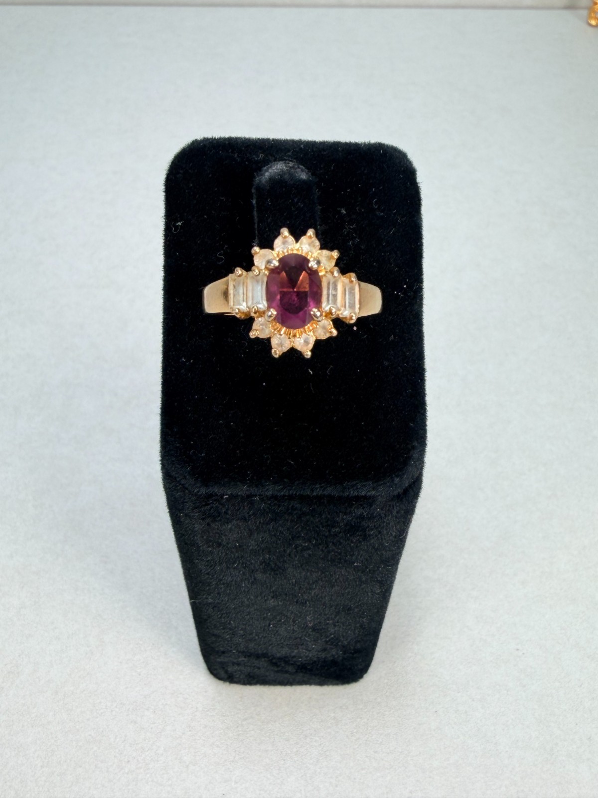 Vintage 14K GE Taiwan Ruby Red CZ Cocktail Ring Baguette Halo Estate Jewelry