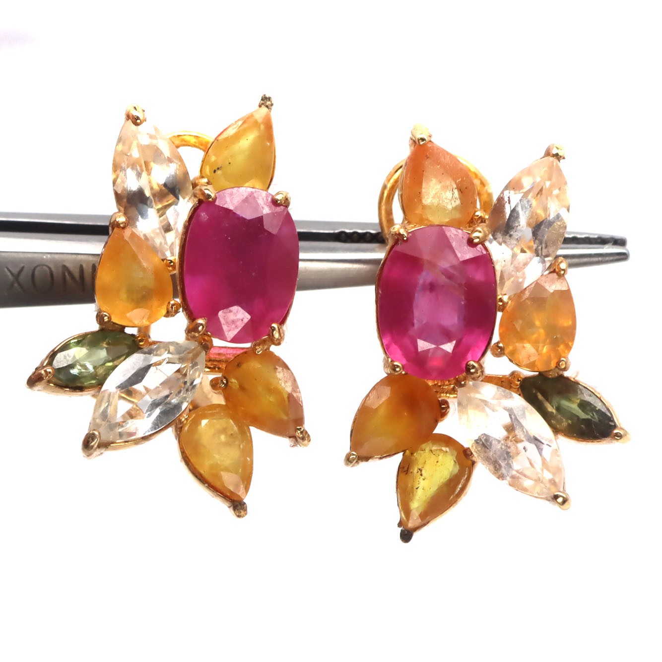 Thai Handmade 7 x 10 mm. Pink Ruby, Topaz & Sapphire Earrings