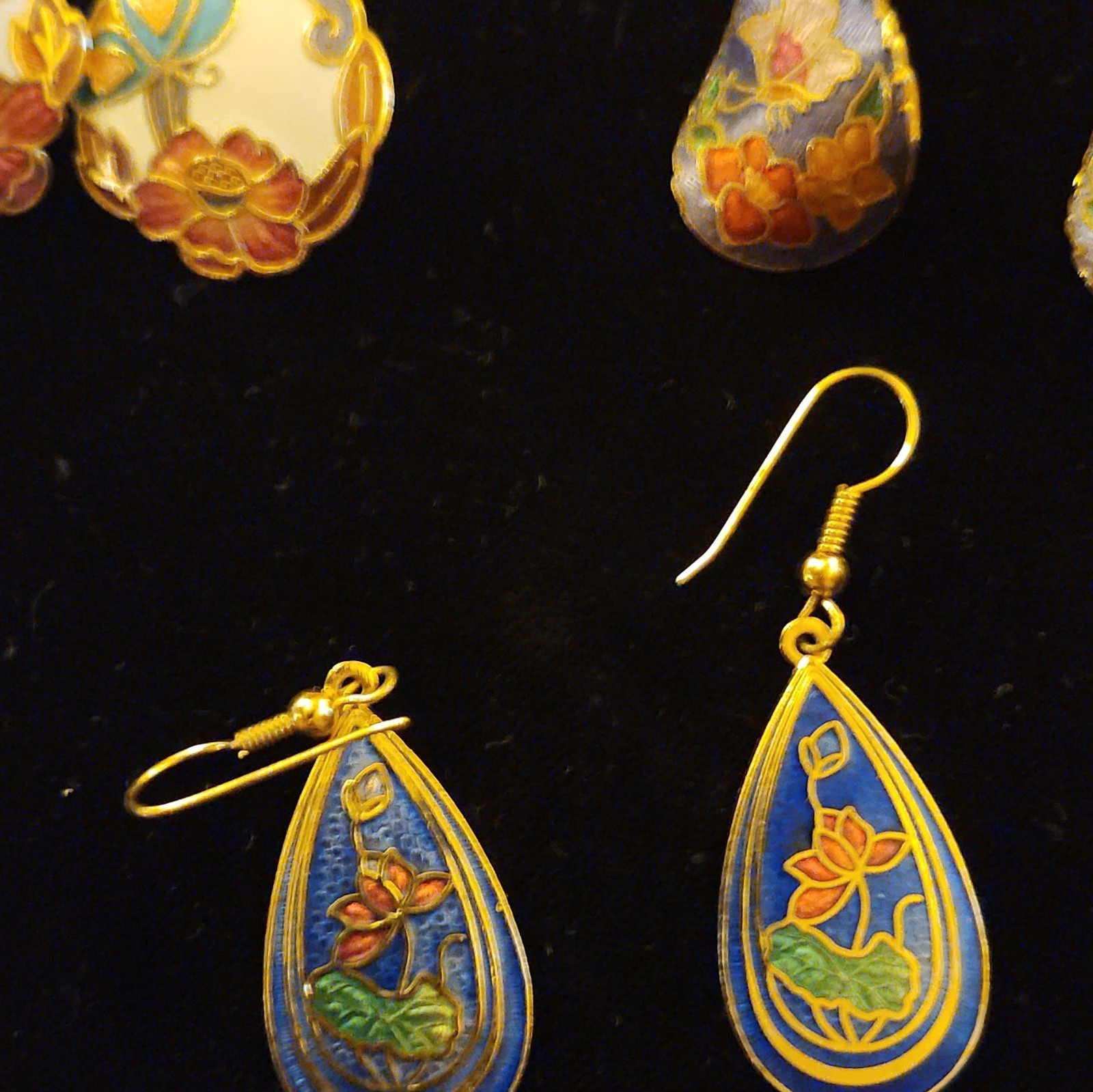 Women’s Mixed Lot 3 Pairs Floral Enamel Cloisonne Gold Tone Earrings, 6pc