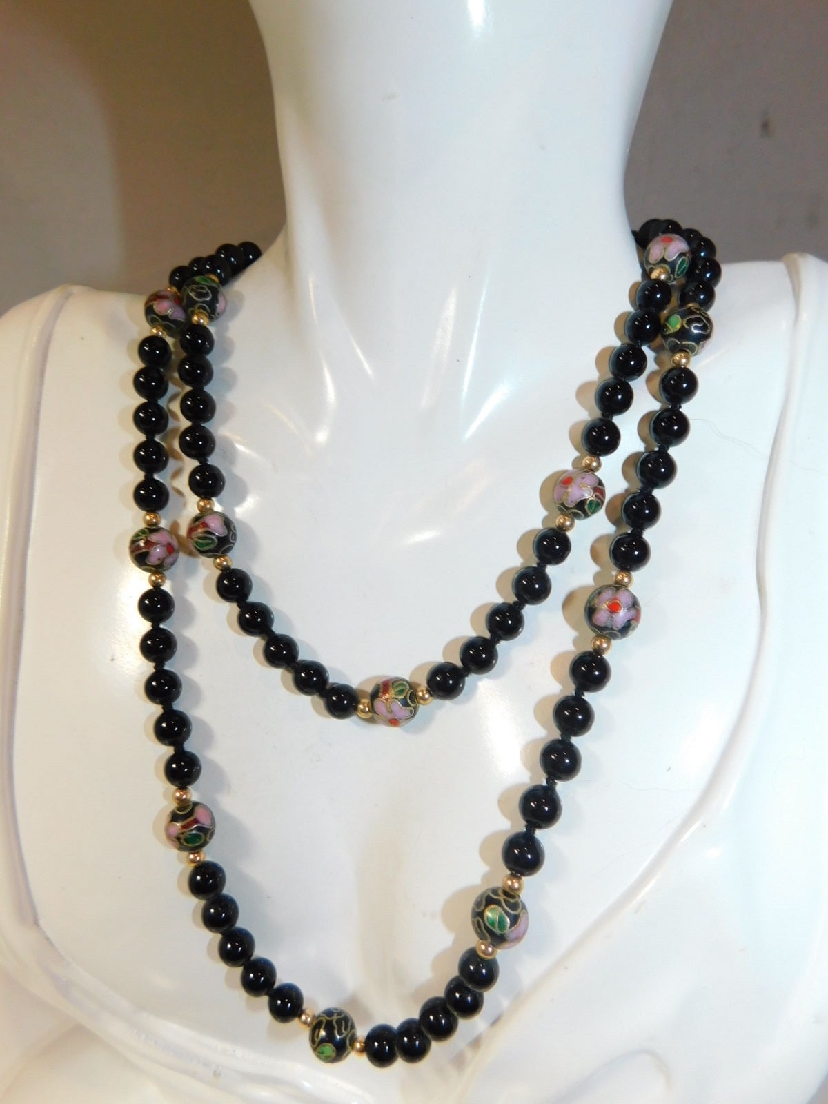 Vintage Black Glass Cloisonne Beaded Knotted 31″ overhead Necklace 3d 1
