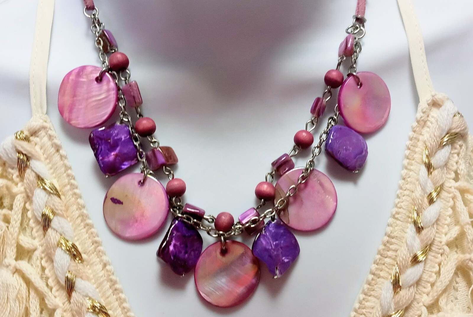 NOS Assorted 2 Strands Purple/Pink Mixed Shell Wood Beads Leather Boho Necklace