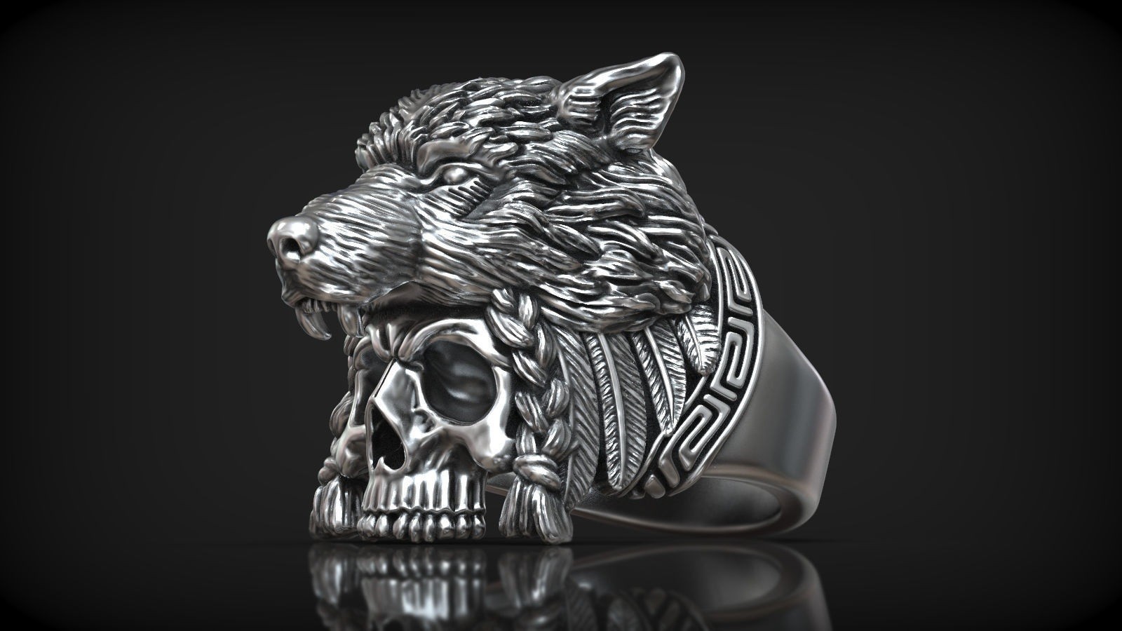 Native American Indian Chief Skull & Wolf Head 925SterlingSilver Statement Rings