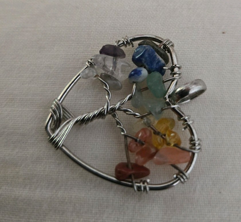 Vintage Artisan Silver Wire Wrapped Heart Gemstone Chakra Tree Of Life Pendant
