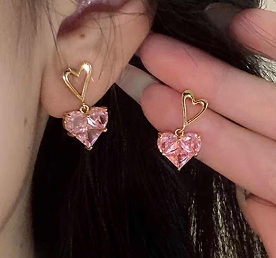 3pc Pink Heart Necklace & Earrings Set Y2K Shimmering Women’s Jewelry Gift Y5
