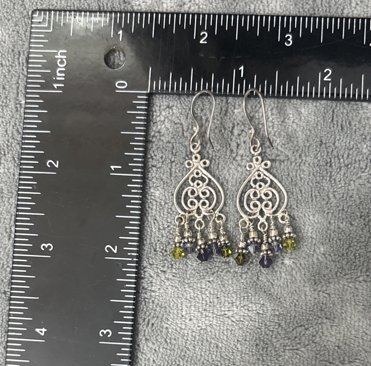 Vintage Sterling Silver Drop Earrings Green Purple Beads Dangle 6g 2”