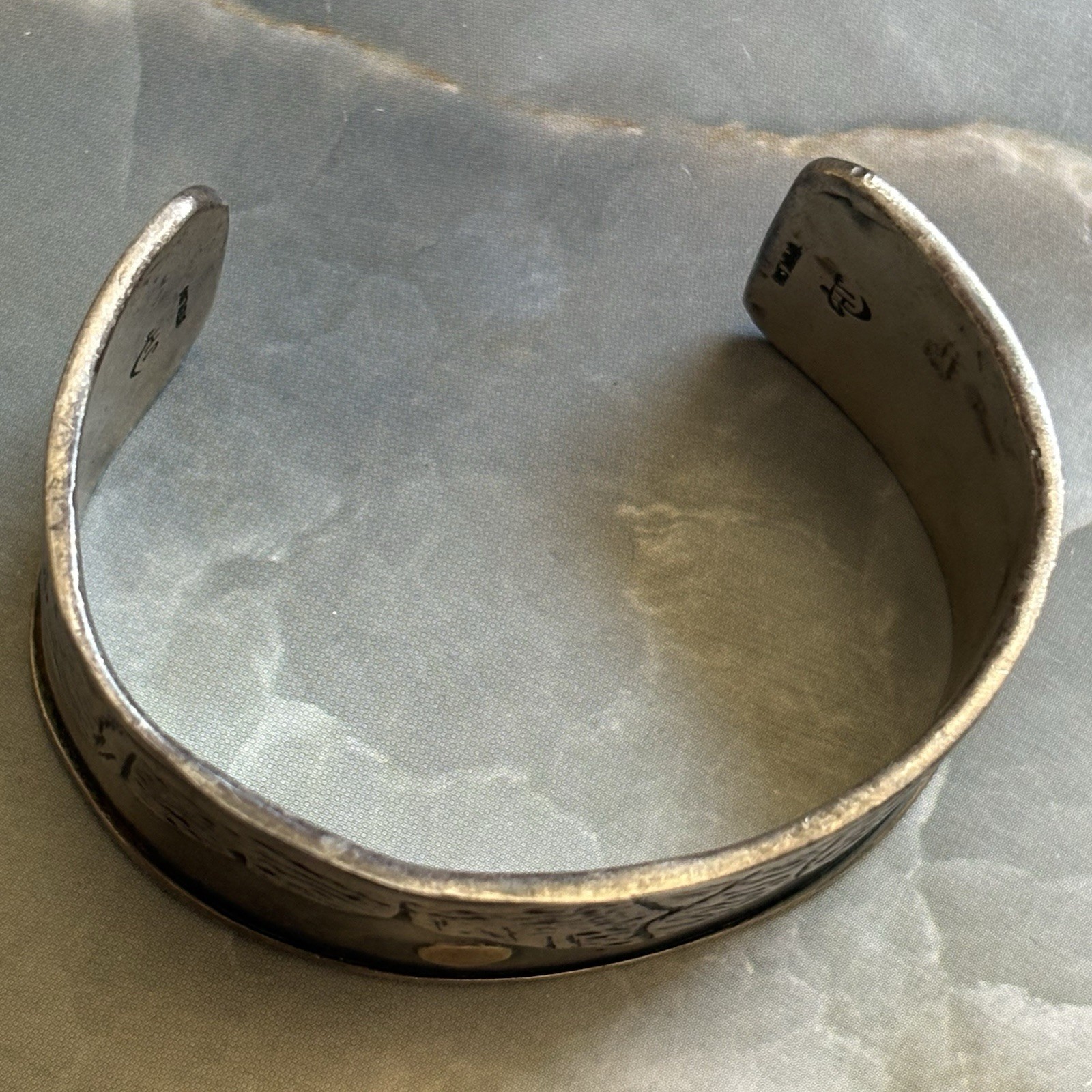 Vintage Native 925 Sterling Silver Storytelling Cuff Gold Moon JH Maker Mark