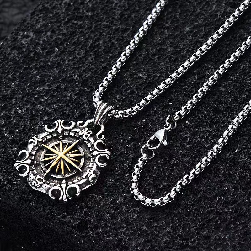 Nautical North Star Compass Pendant Necklace Men’s Jewelry Chain 24″ Gift