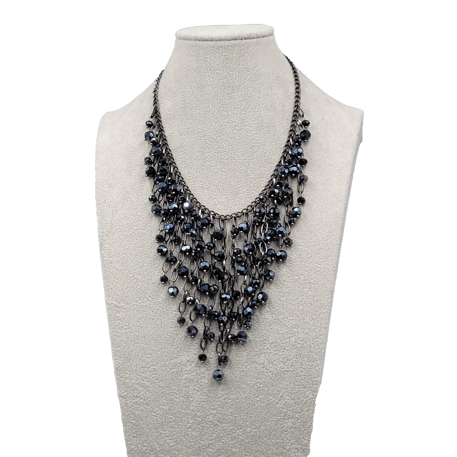 Waterfall Black Beaded Necklace Gun Metal Black Chain 18″ Adj