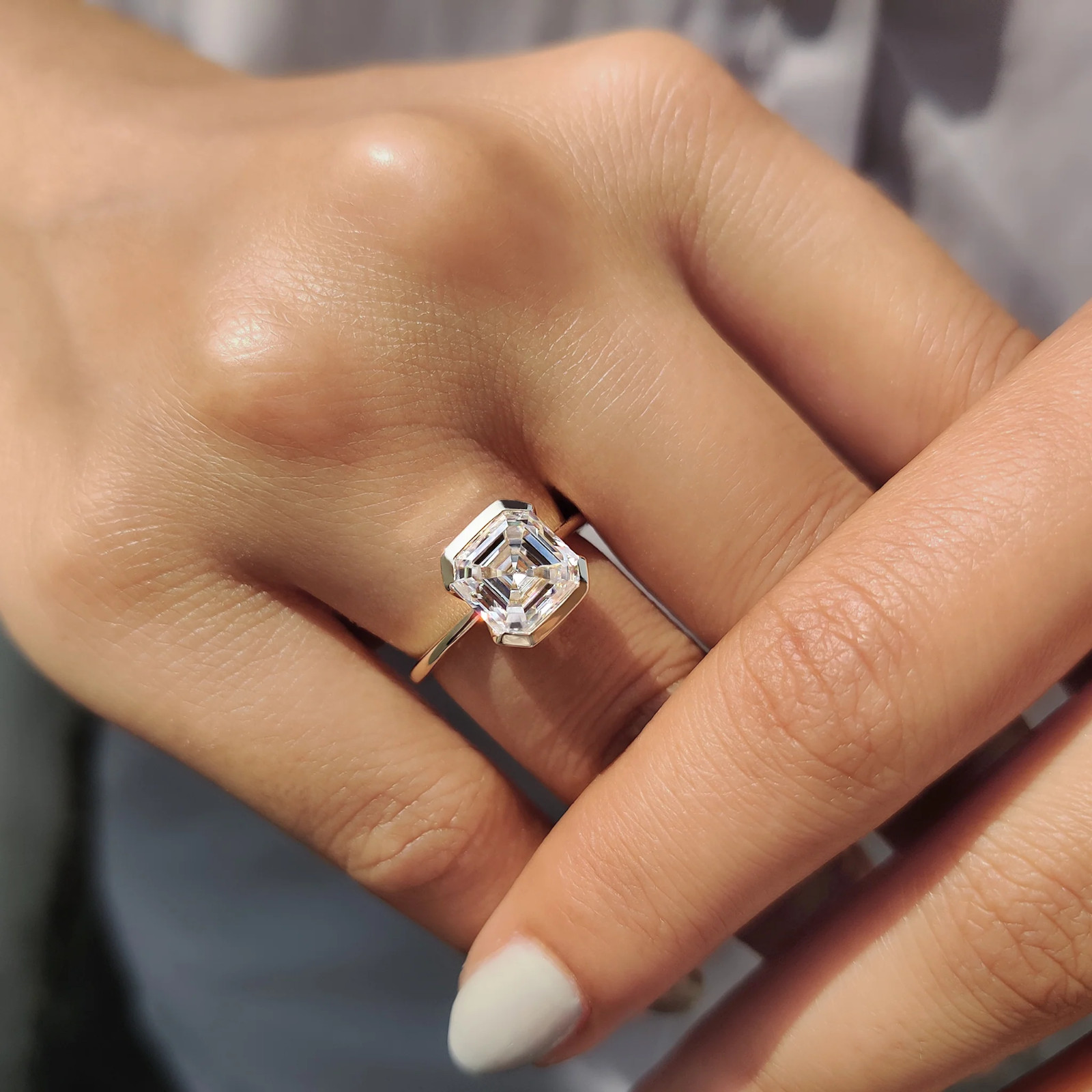 2.0CT Asscher Cut Moissanite Half Bezel Engagement Ring 14K Yellow Gold Plated
