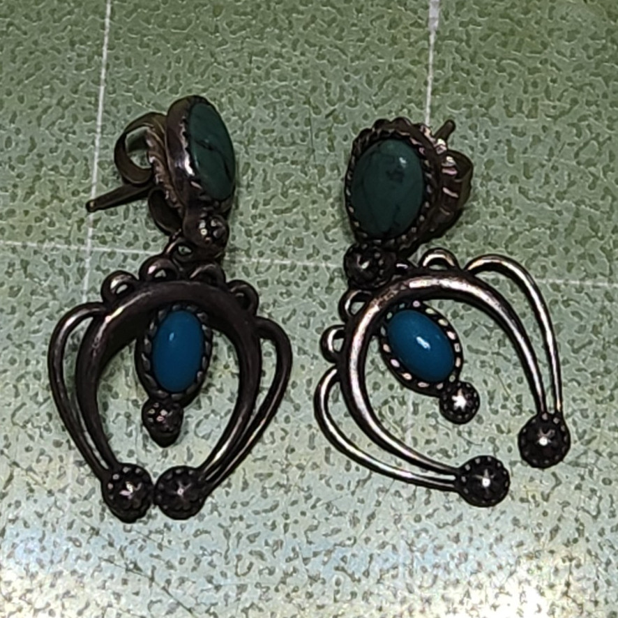 925 Sterling Silver Turquoise Blue/Green Oval Bezel Dangle Screw Back Earrings