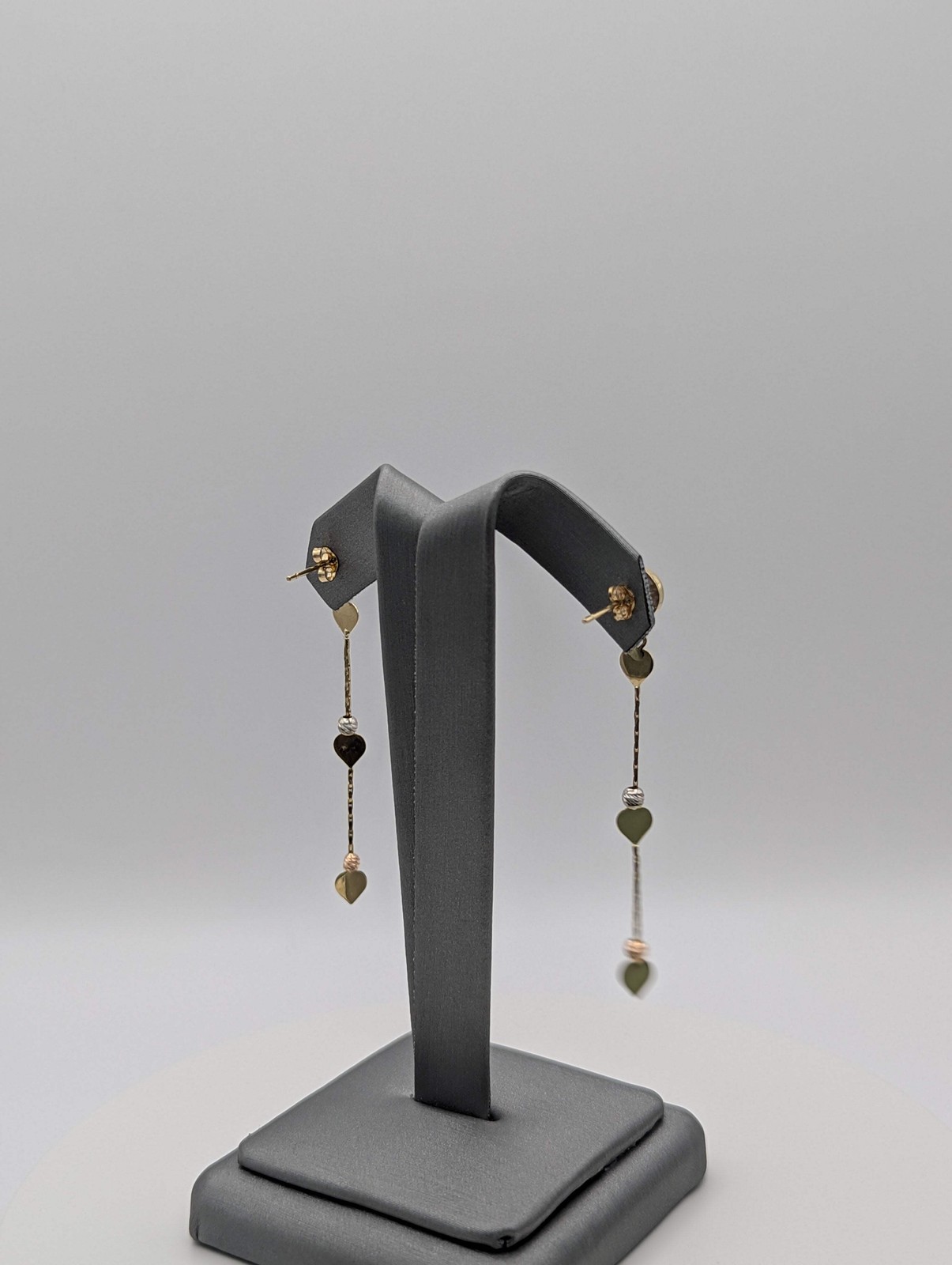 14K Tri Color Dia Cut Heart Dangly Earrings