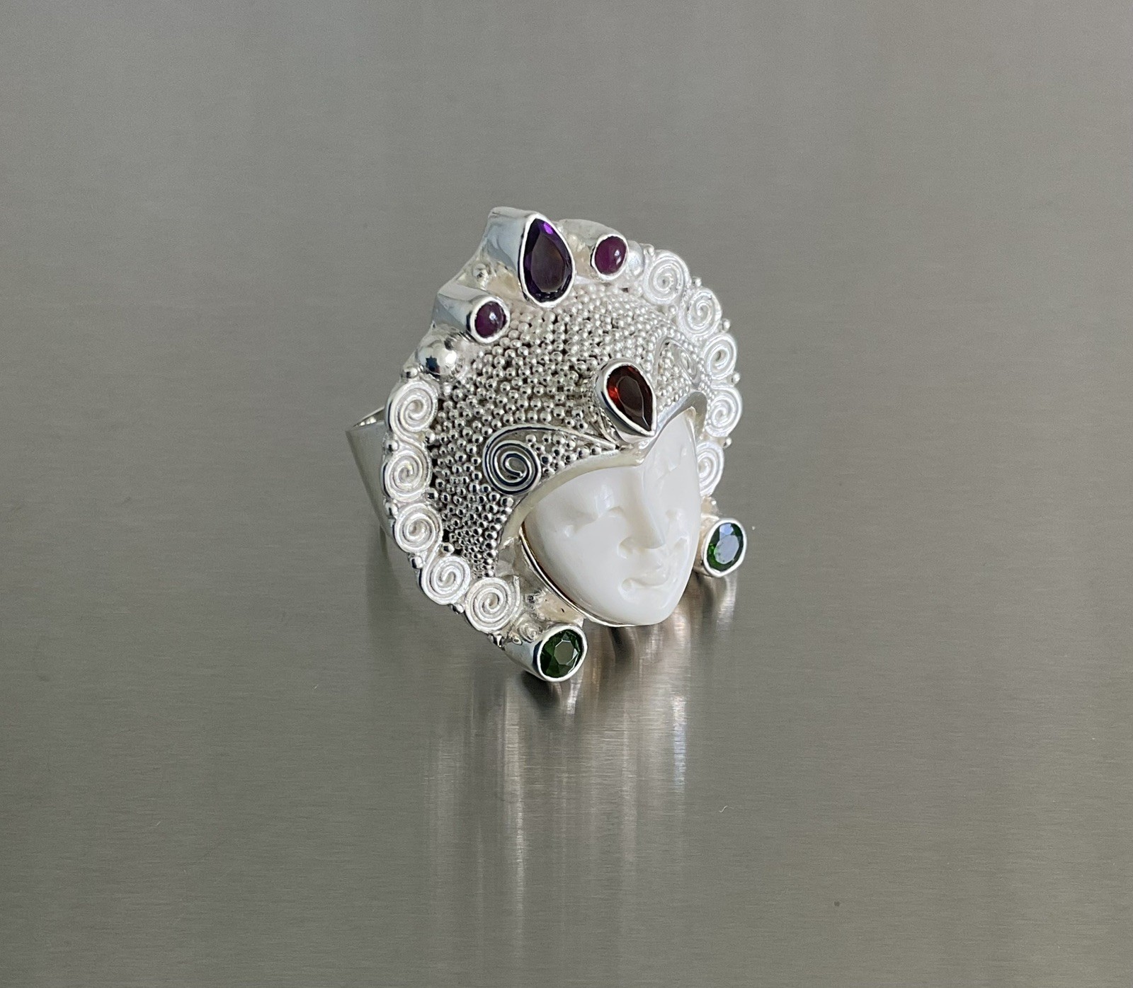 Sajen Silver Carved Goddess Ring Multi Gemstones 925 Sterling Silver Size 9
