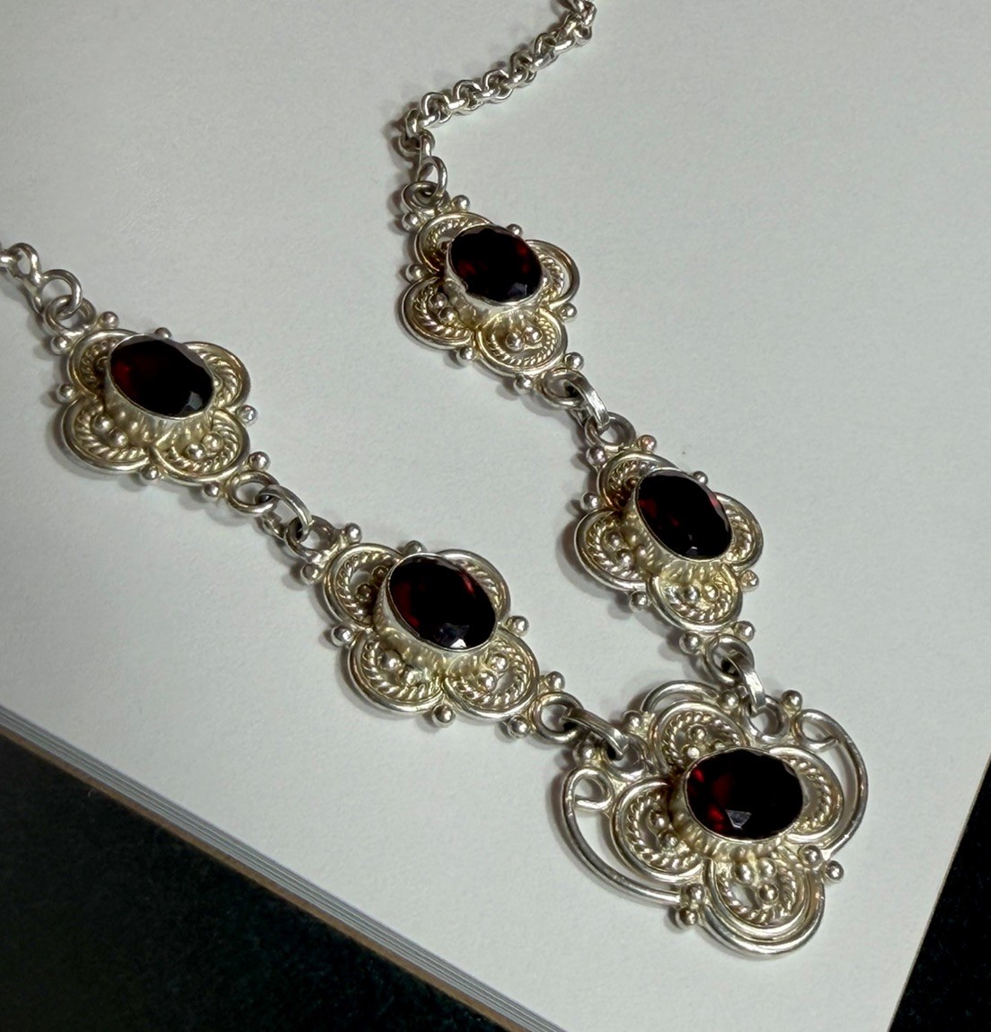 Gothic Victorian Art Deco Solid Silver Garnet Handmade Panel Necklace