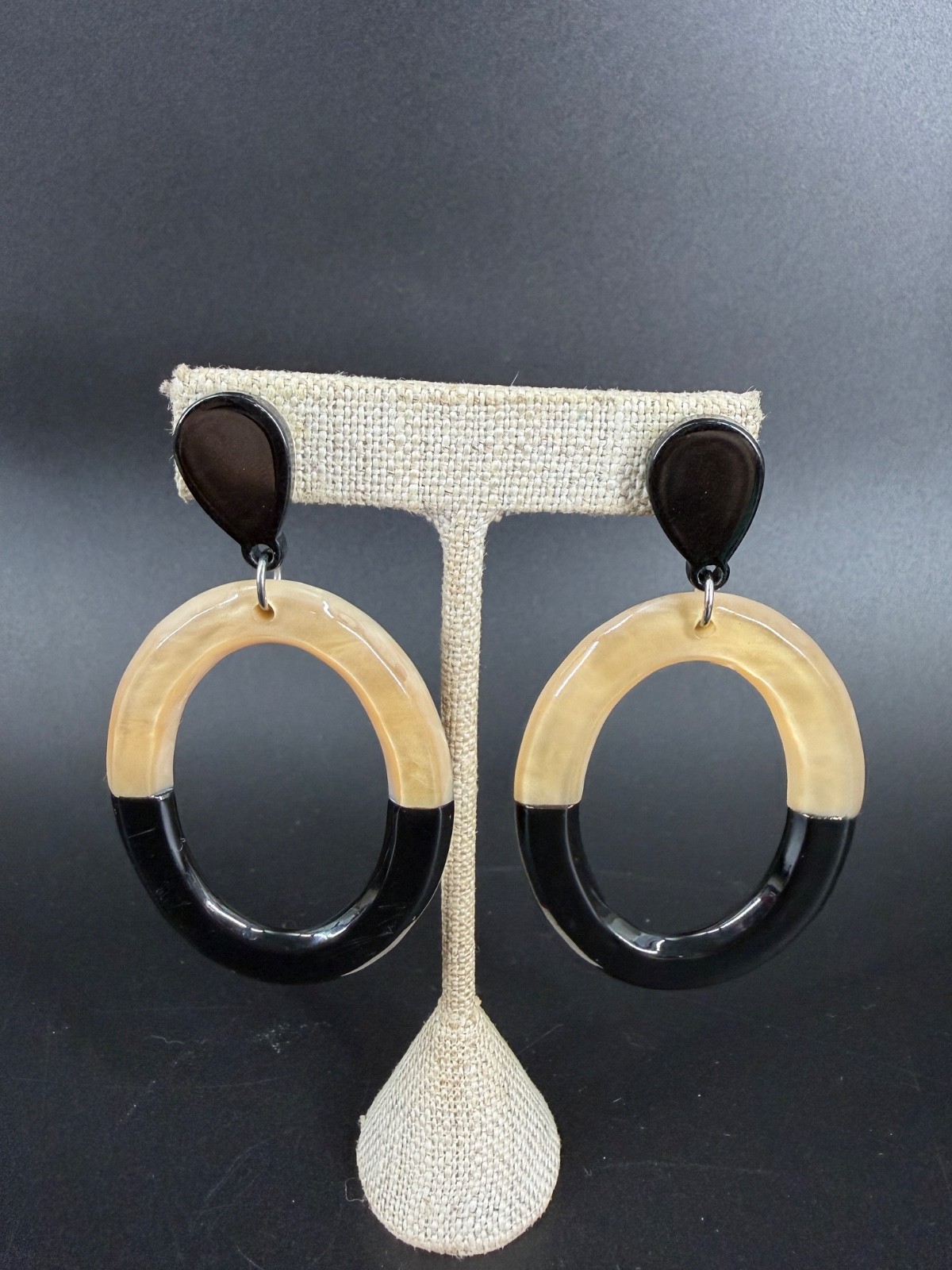 Mod Lucite Oval Dangle Earrings Black Cream Statement