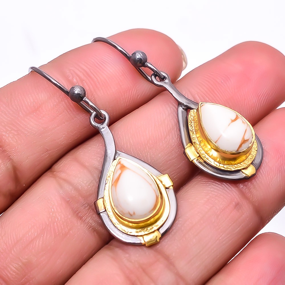 Copper White Turquoise 925 Silver Black & Gold Rhodium Plated Earring 1.76″ E39