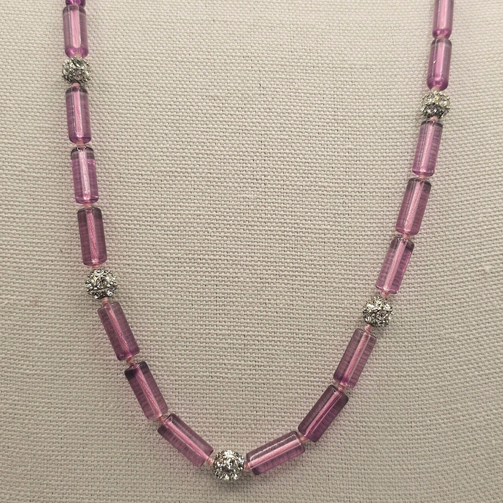 Lavender Purple Tube Bead Ribbon Tie Necklace Rhinestone Bead Spacers Coquette