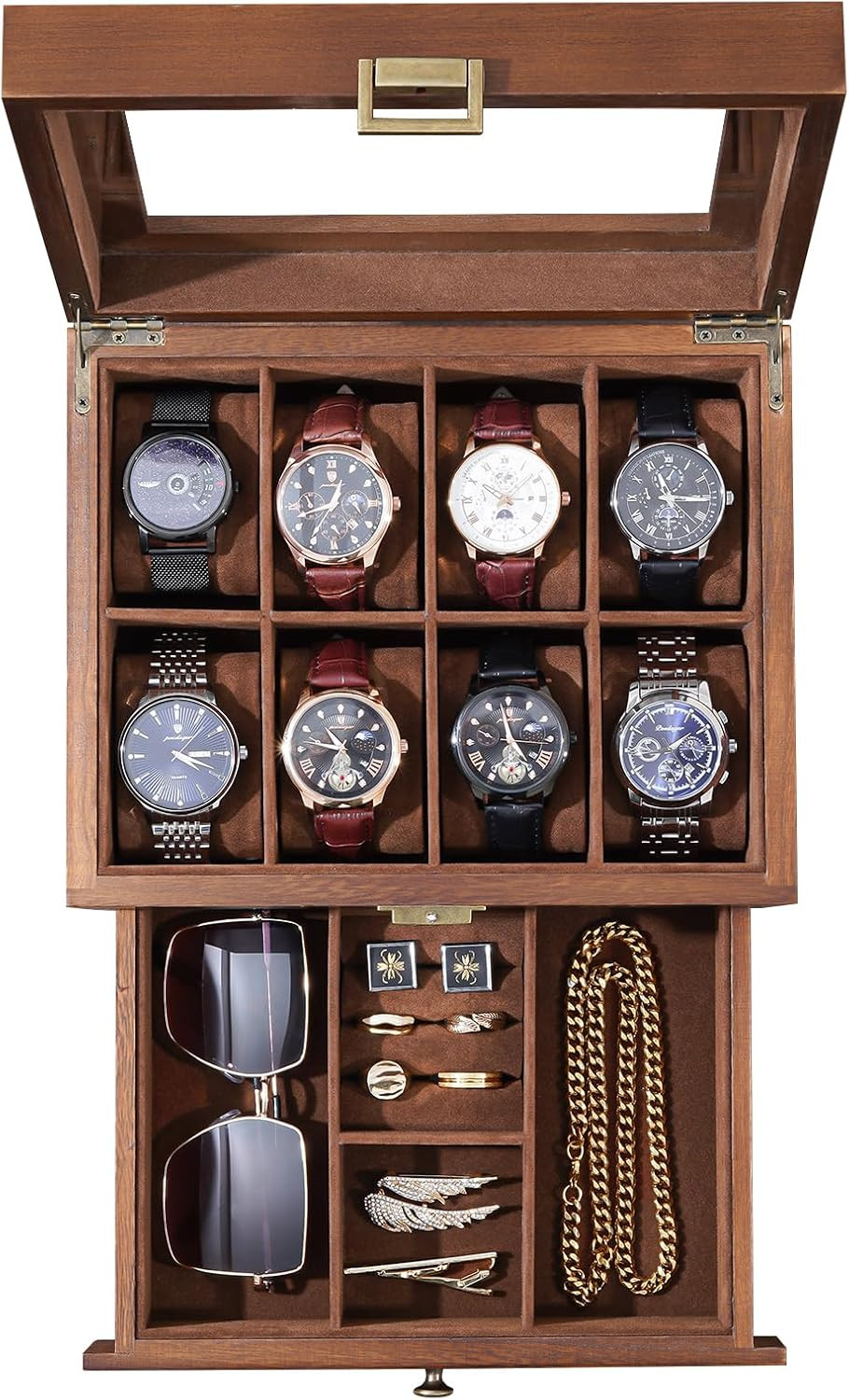 Wooden Watch Case for Men, 8 Slot Mens Watch Box with Drawer, 2-Layer Watch Disp
