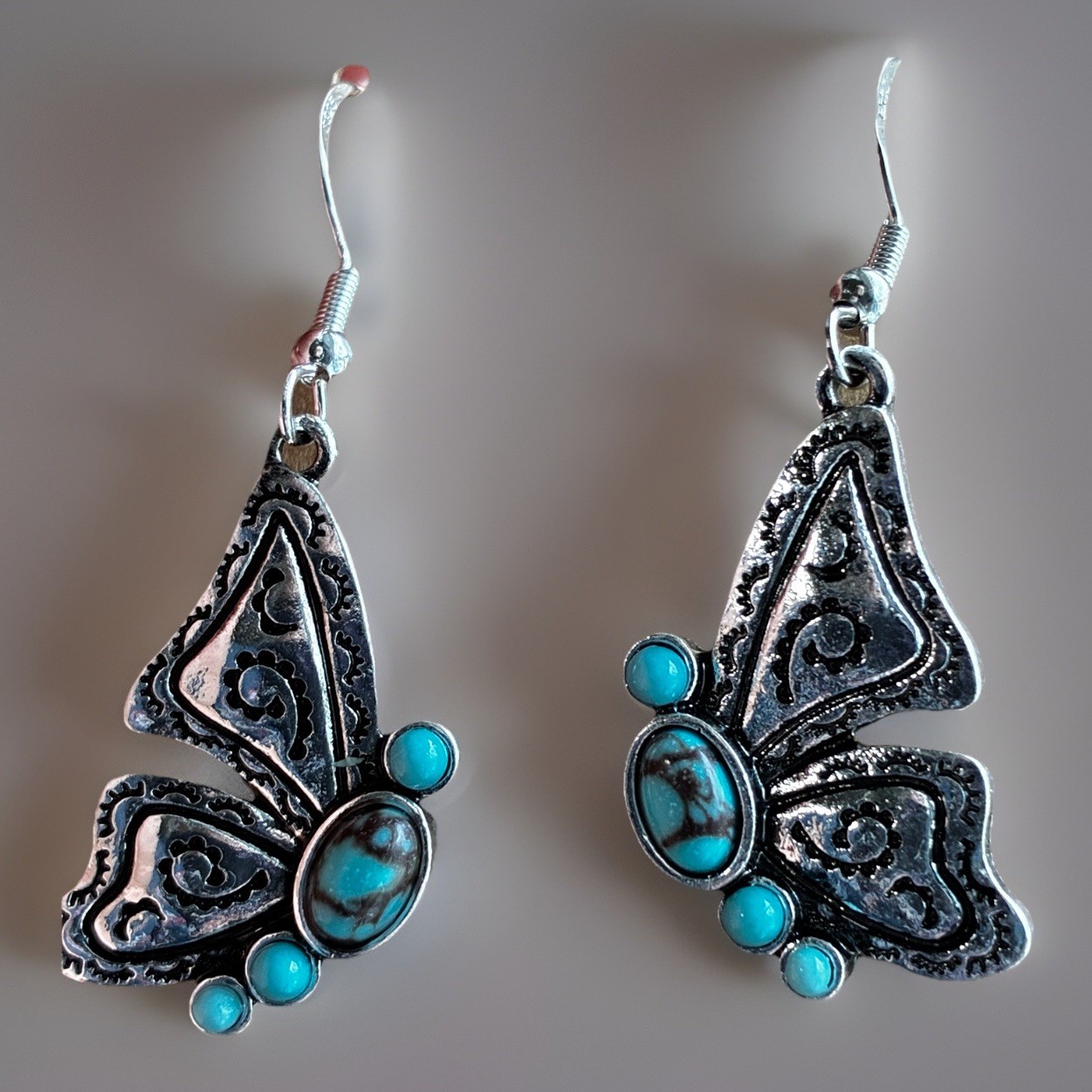 Turquoise & Silver Butterfly Dangle Earrings Handmade Southwestern Boho NWT
