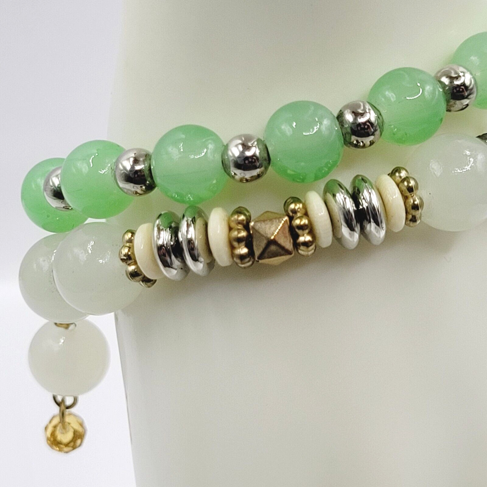Modern Three Glass Bead w Rhinestone Jade Milky Glass Color Stretch Bracelet Set