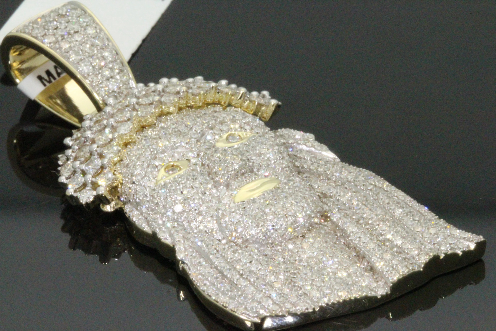 10K YELLOW GOLD 3.75 CT DIAMOND 2 INCHES MEN JESUS FACE HEAD CROSS CHARM PENDANT