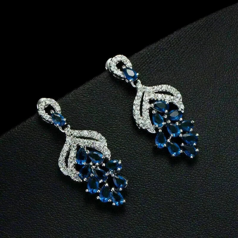 2CT Pear Simulated Sapphire Cluster Drop Dangle Earrings 14K White Gold Plated