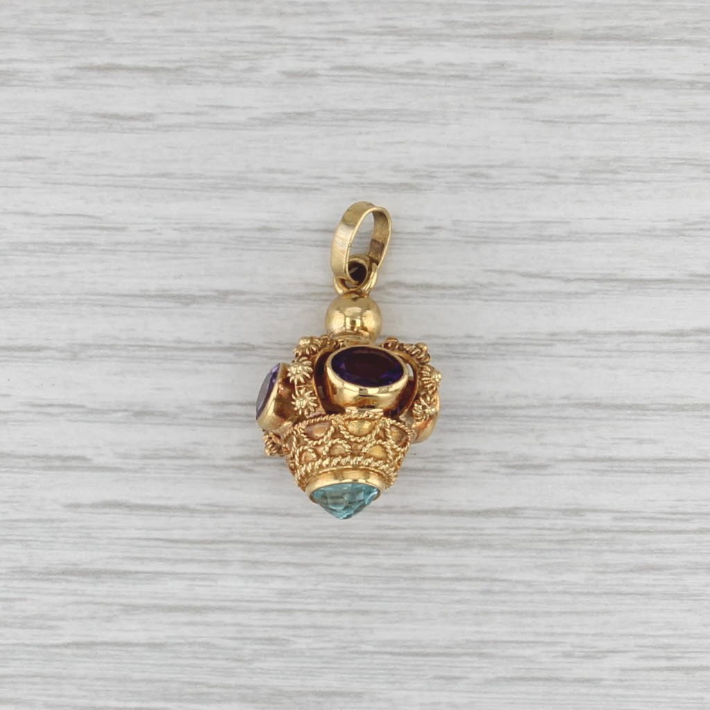 Etruscan Style 5.70ctw Topaz Amethyst Charm Pendant Fob 18k Gold Statement