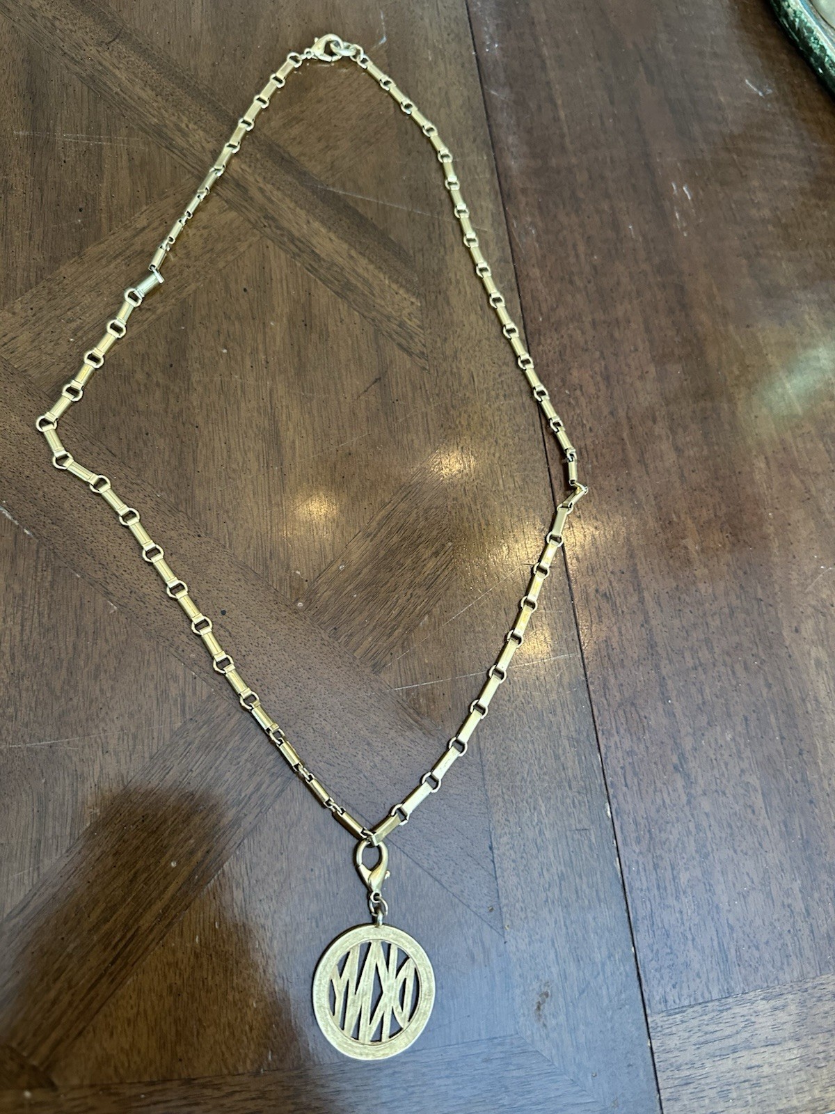 Vintage DKNY Donna Karan Pendant Statement Necklace Long Gold Tone Chain Signed!