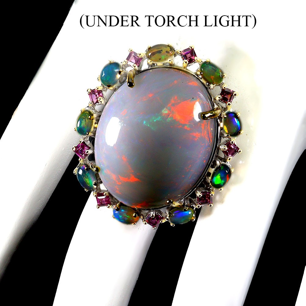 925 Sterling Silver Ring Oval Fire Opal 34.2ct Handmade Gemstone Jewelry Size 9