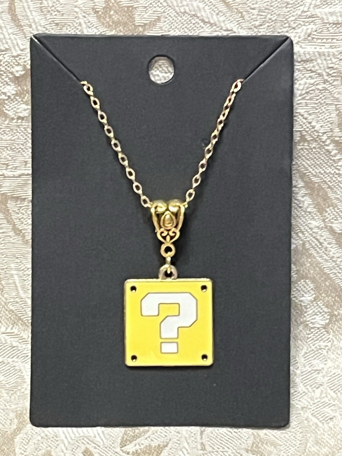 Question Box Mario Luigi Cartoon Video Game Enamel Charm Gold Boho Necklace 18”