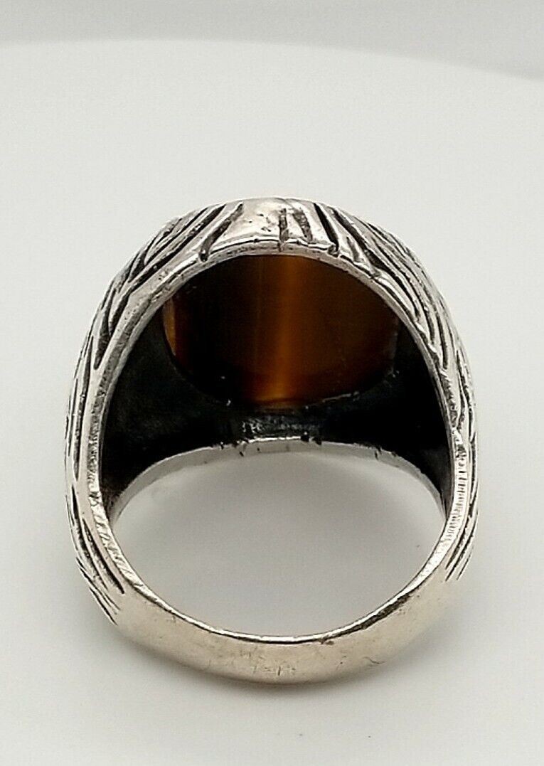 Oval Cut Tiger Eye Sterling Silver Antiqued Waves Ring, Size 12 1/2, 20.1 Grams