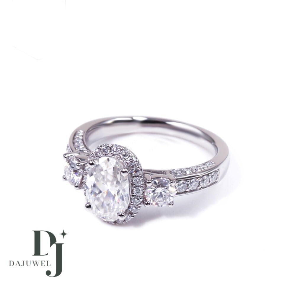 Moissanite Halo Engagement Ring Solid 14K White Gold 3 Carat Oval Cut VVS1