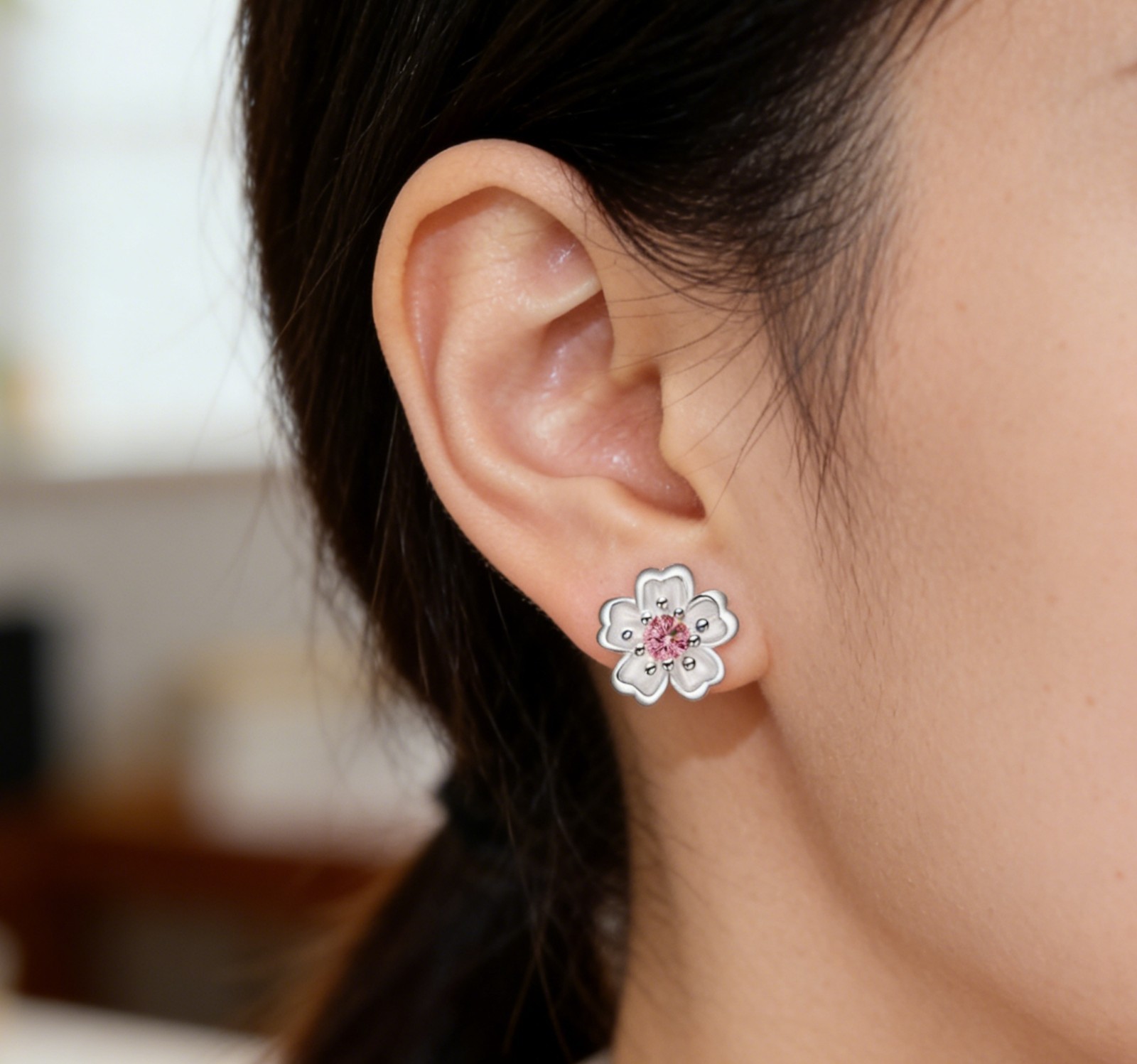 Elegant Pink CZ Cherry Blossom Silver Plated Stud Earrings Versatile Accessories