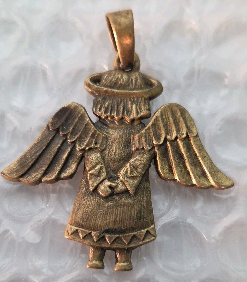 Jeep Collins Beautiful Retired Pure Brass Guardian Winged Angel Pendant Patina