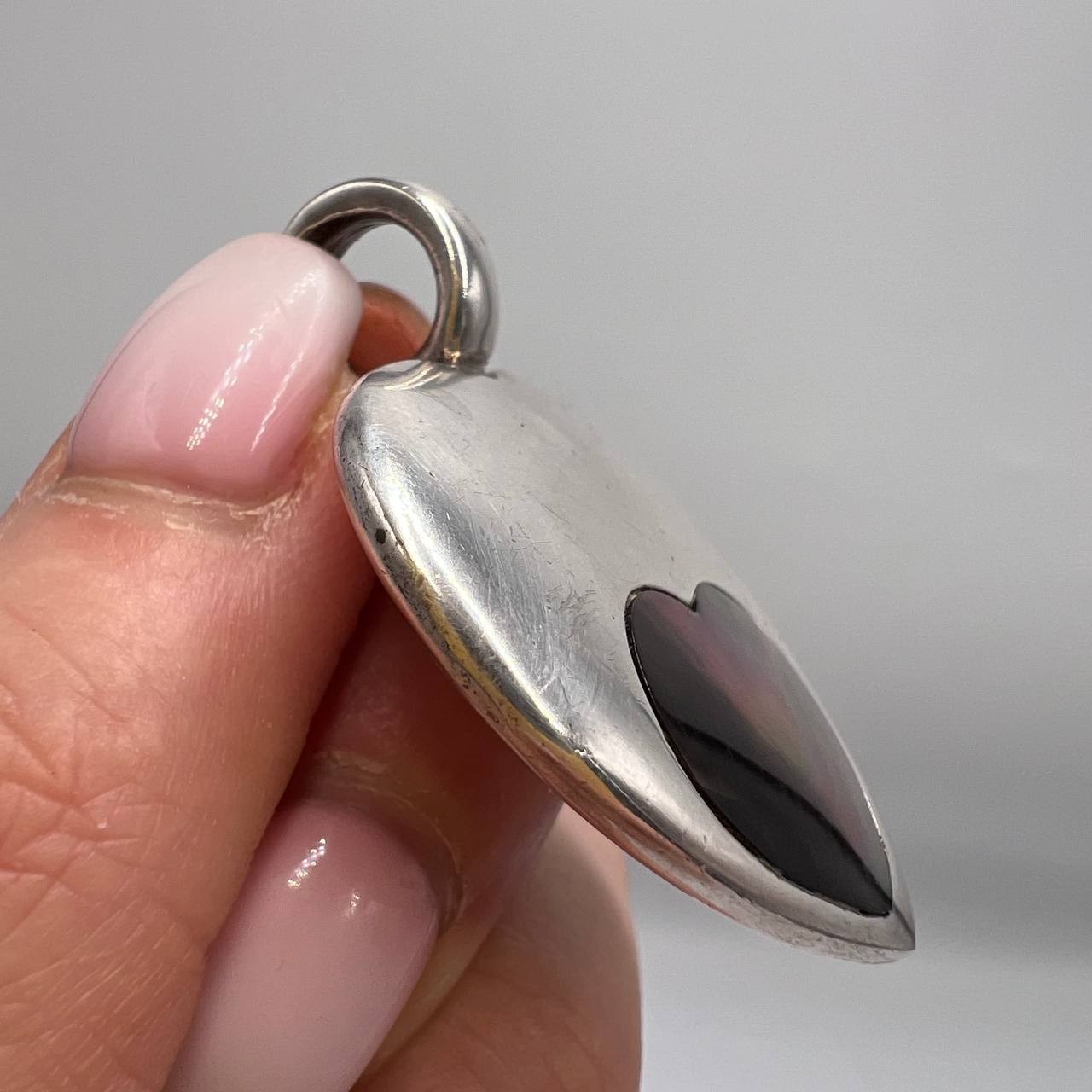 Large Vintage Sterling Silver 925 Abalone Women’s Pendant Heart Signed 22.5g