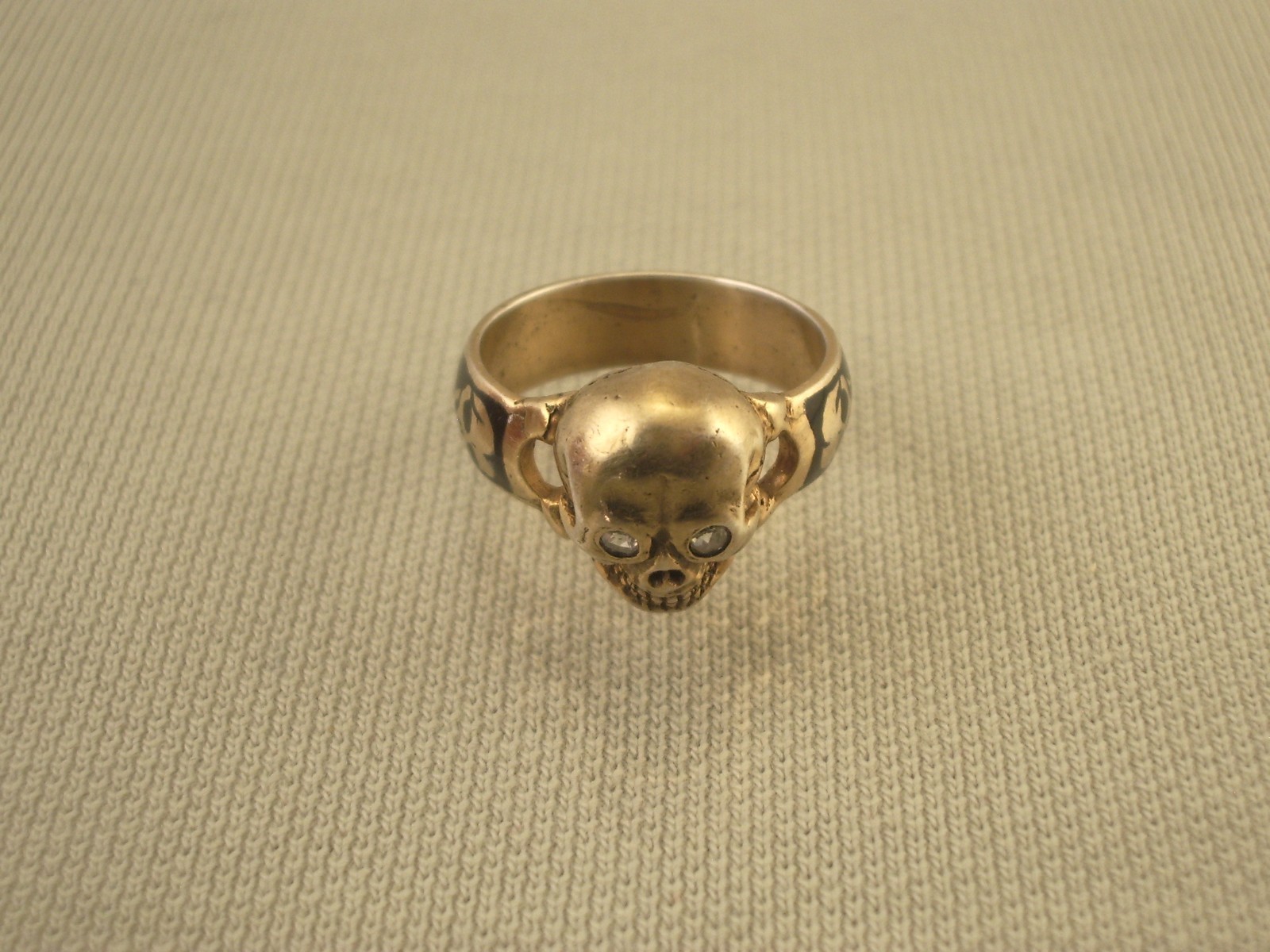 Antique Vtg Gold plated silver enamel diamond masonic memento mori ring Sz7.5
