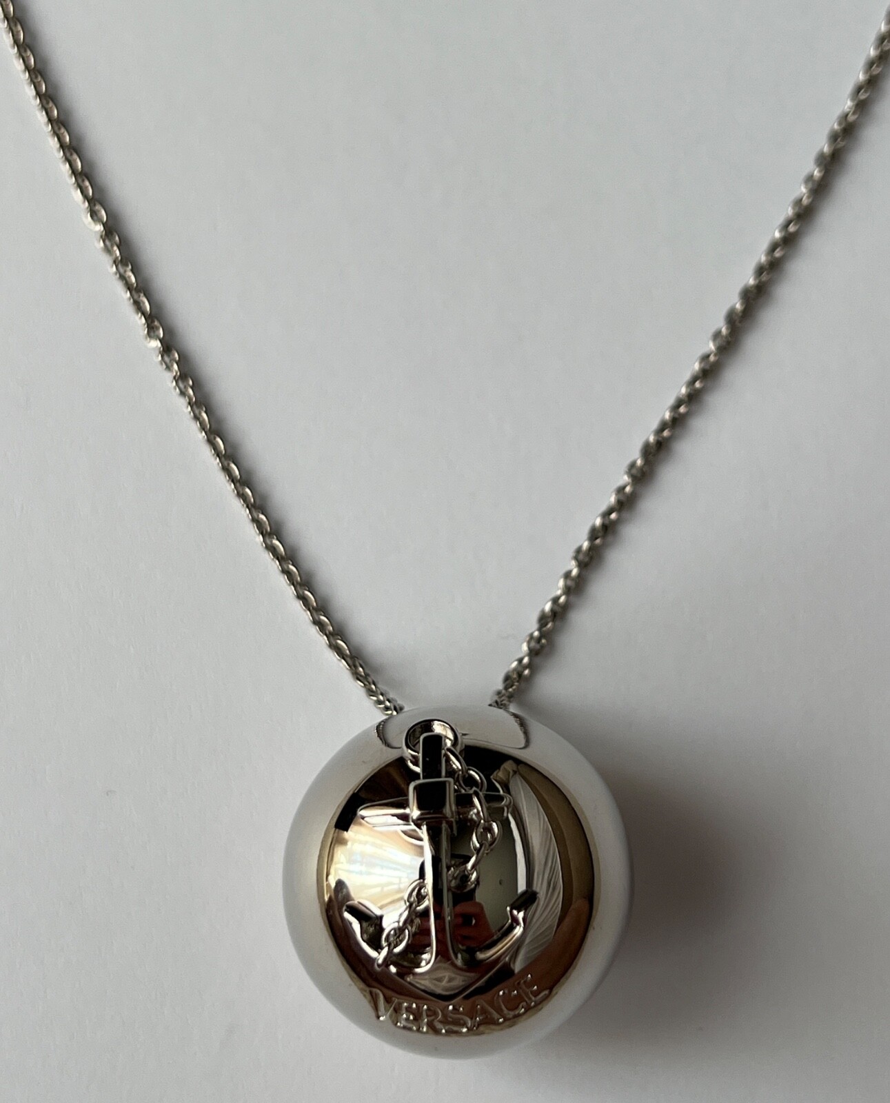 NIB Versace Nautical Anchor Logo Large Silver Sphere Round Pendant Necklace $975