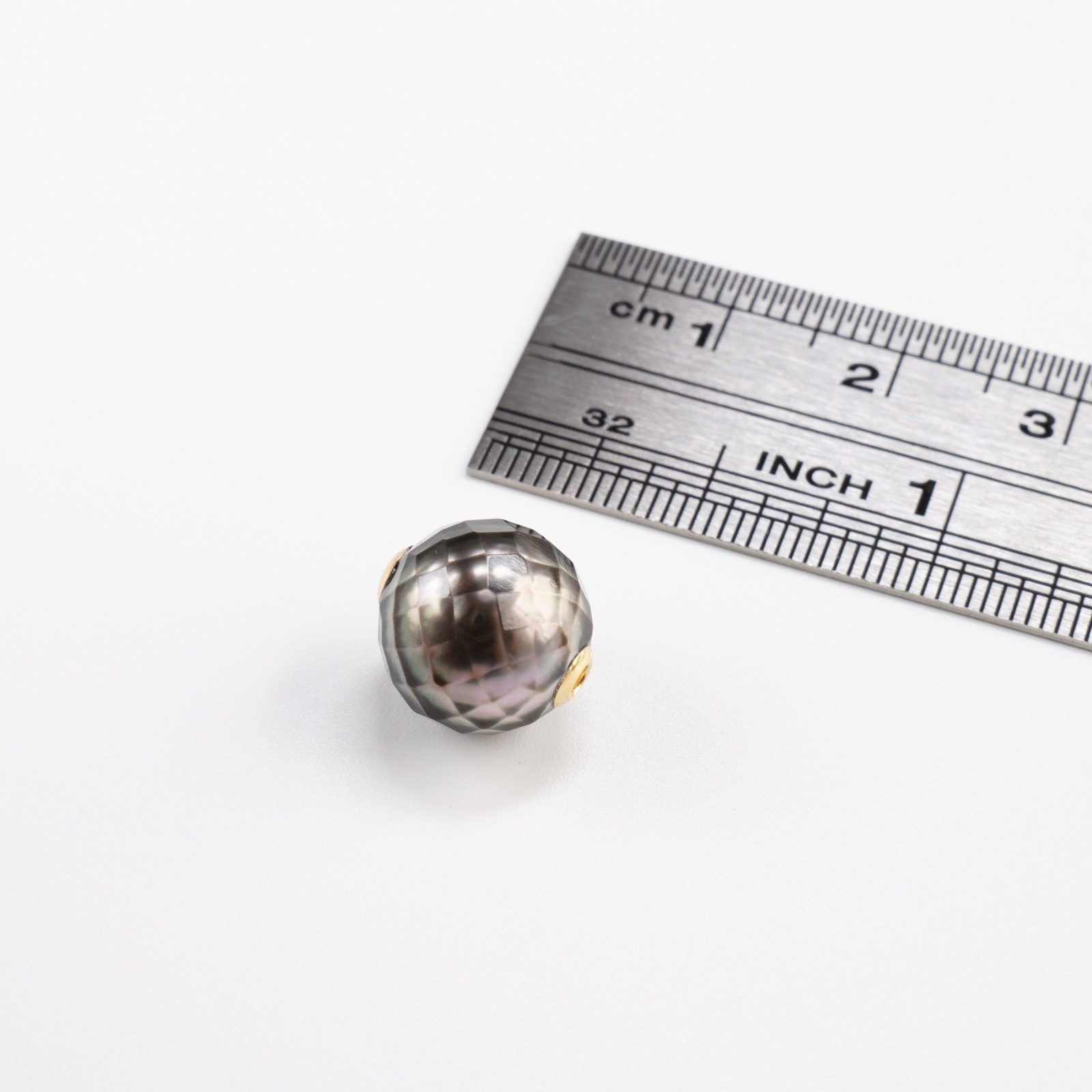 Faceted 10.8mm Round Gray Tahitian Loose Pearl, Full Drilled, 18Kt Yellow Gold
