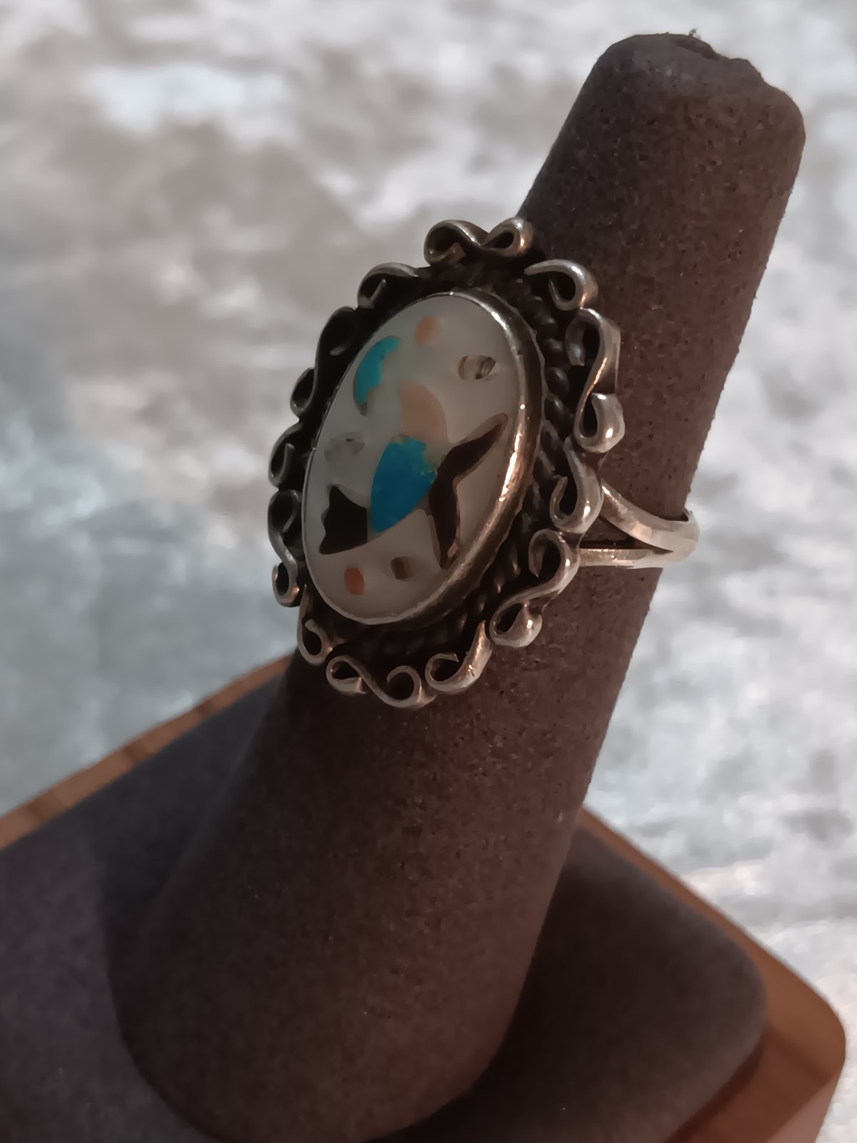 Vint. Zuni Sterling Blue Bird Inlay Mop, Coral, Turquoise, Onyx Ring Signed L