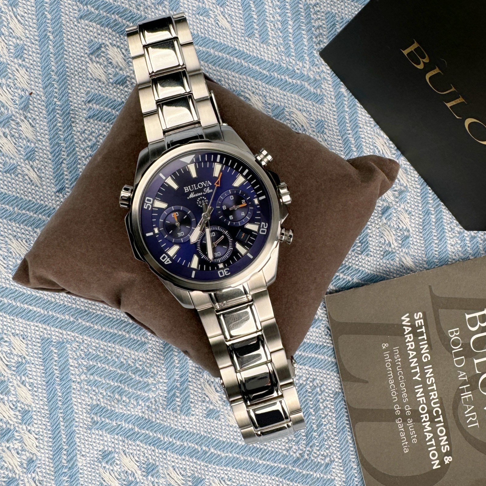 New Bulova Marine Star Chronograph Men’s Watch Blue Dial 43mm/96B256