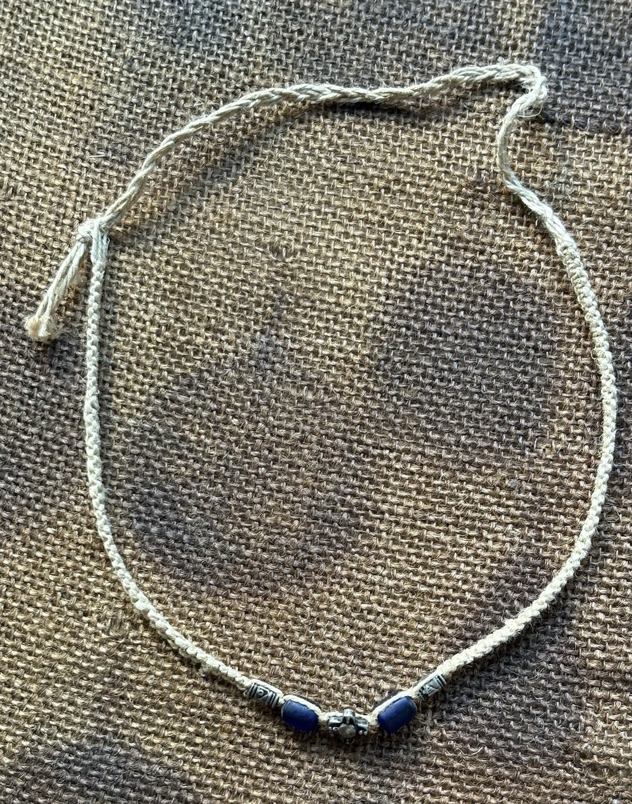 Hemp Cross Pendant Beige Cord Blue Glass Bead Choker Necklace Adjustable Tie