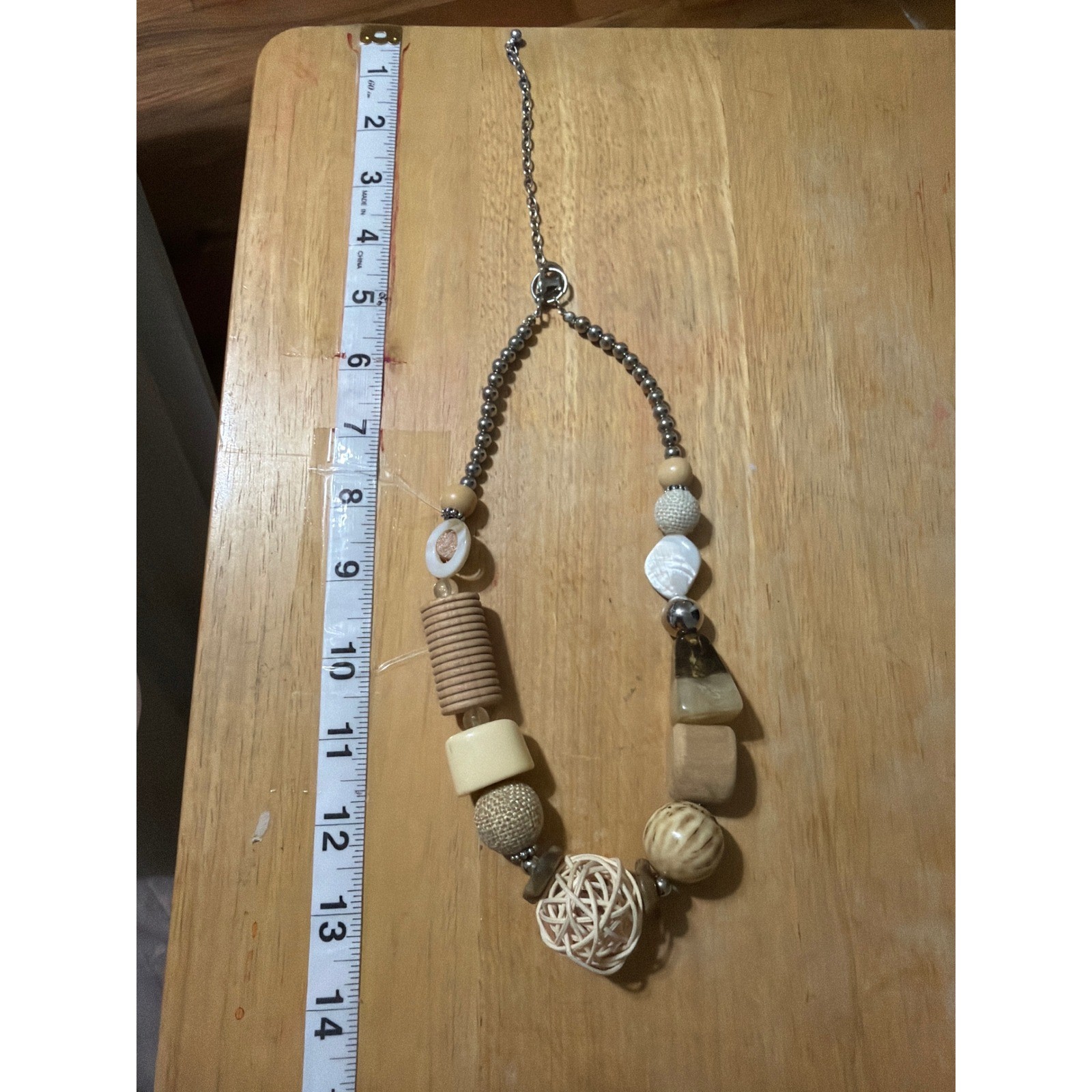 Mixed Media Chunky Statement Necklace Wood Rattan Fabric Shell Neutral Earthy