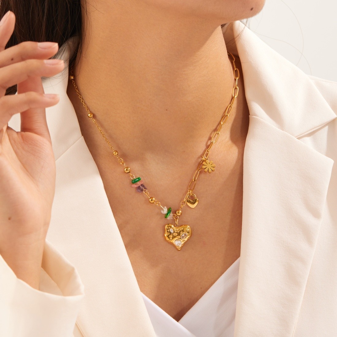 316L Stainless Steel Heart Flower Zircon Crystal Necklace for Women