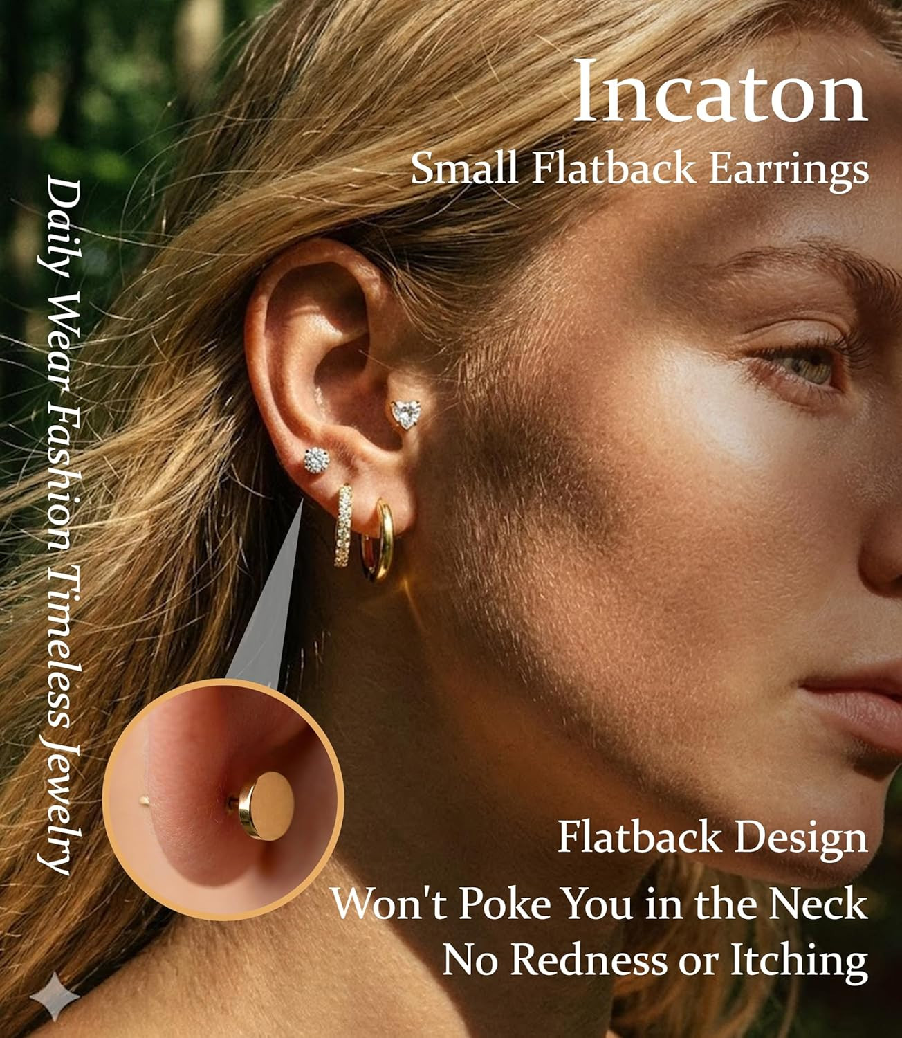 Hypoallergenic Flat Back Earrings for Women Silver 14K Gold Plated Surgical Stai