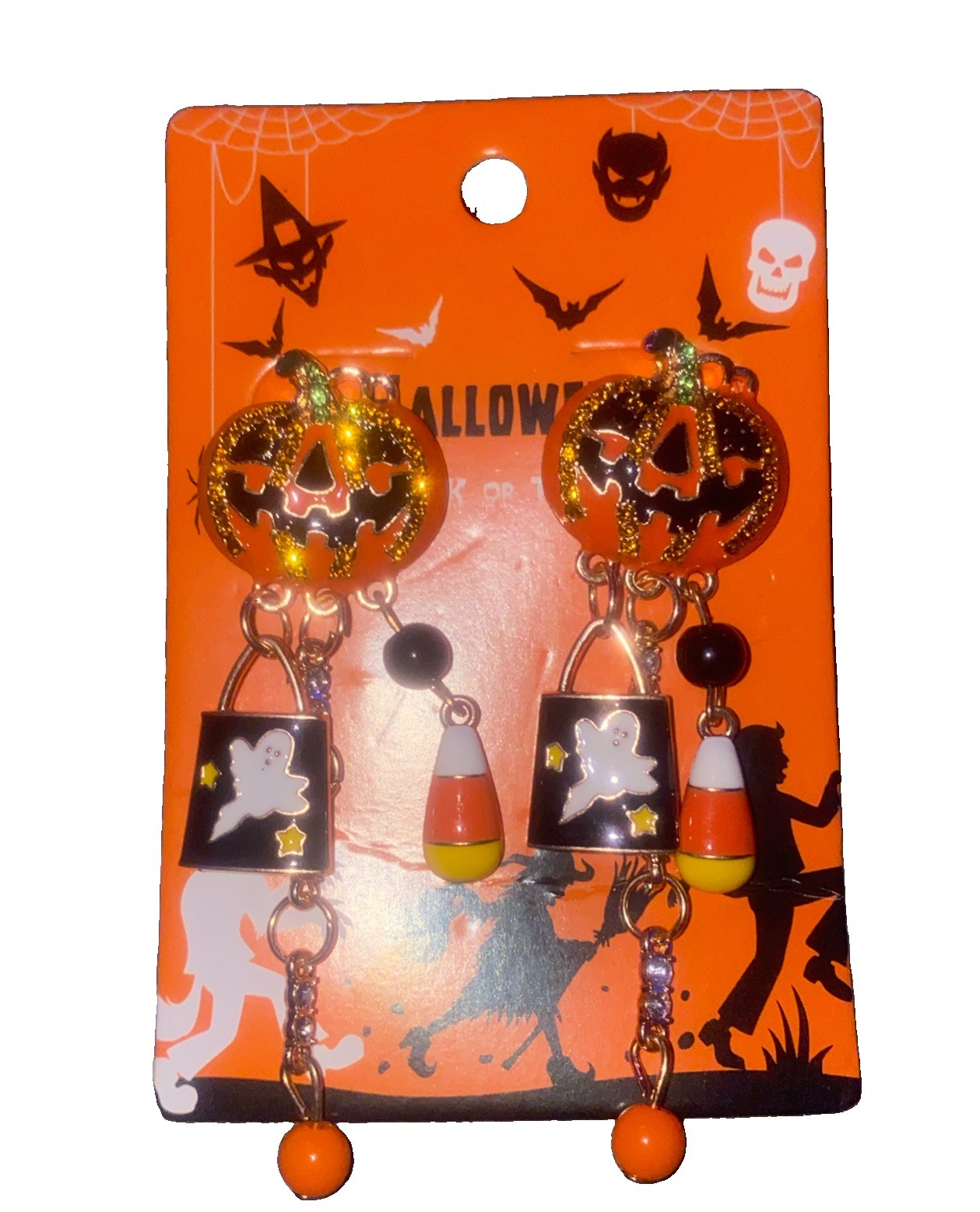 Halloween Smiling pumpkin drop Earrings Push Back With Dangling Ghost Charms