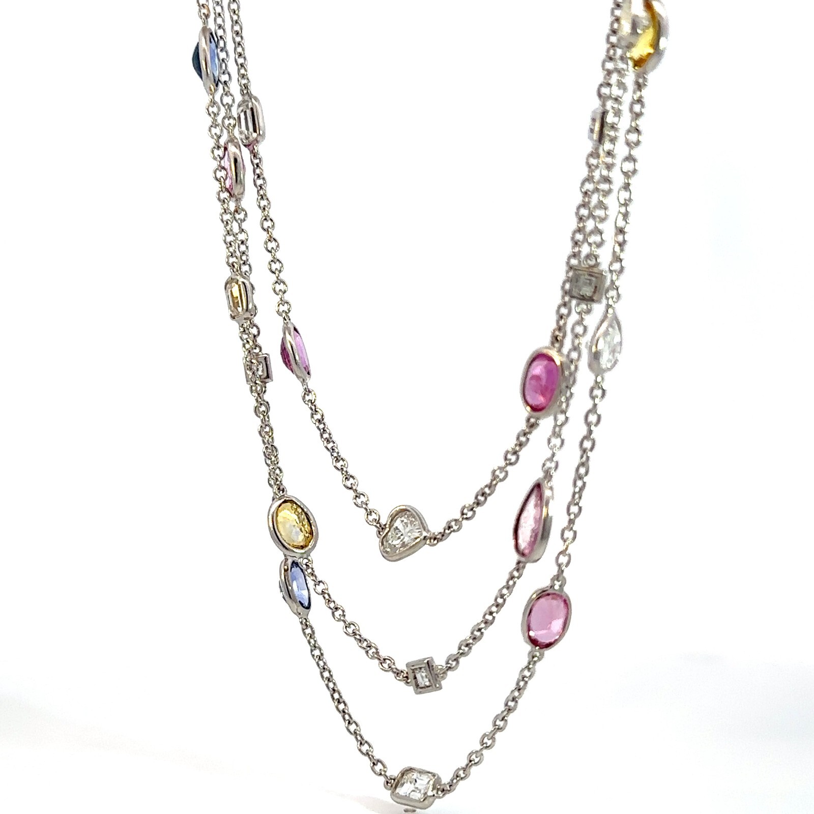 18K White Gold Fancy Cut Natural Diamonds & Multicolor Sapphire Necklace 64″