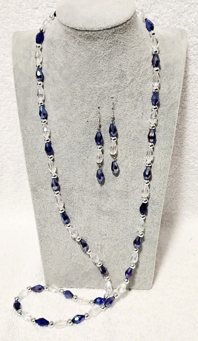 Handcrafted Jewelry 35″ Blue Clear Faceted Glass Teardrops Necklace Earring Set