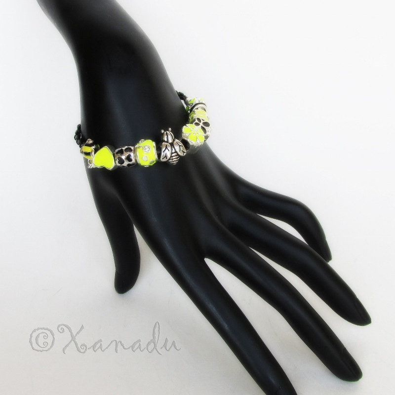 Bumble Bee Black Leather European Charm Bracelet With Yellow Black Enamel Beads