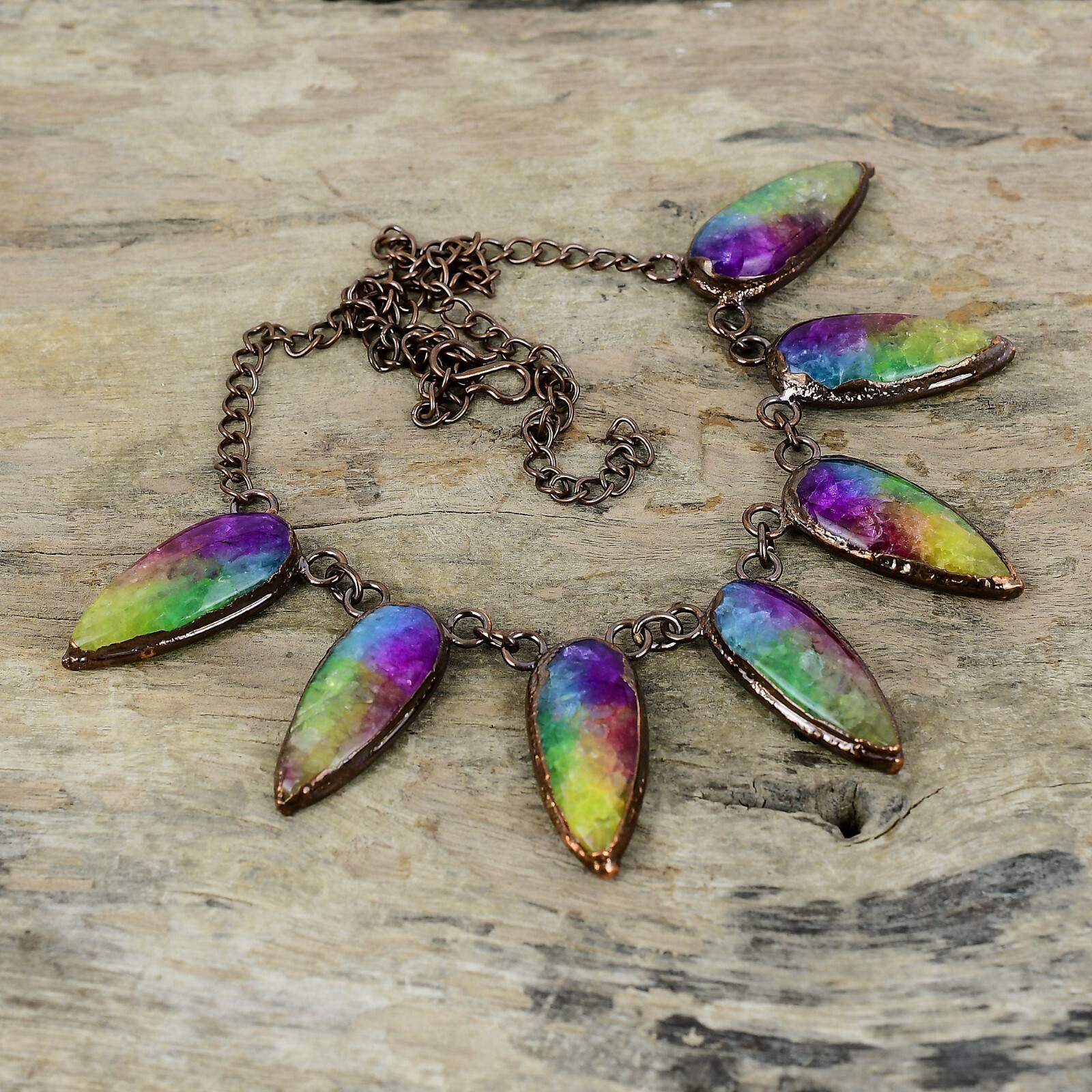 Gift Electroformed Adjustable Necklace Copper Rainbow Solar Quartz Druzy 18.0″